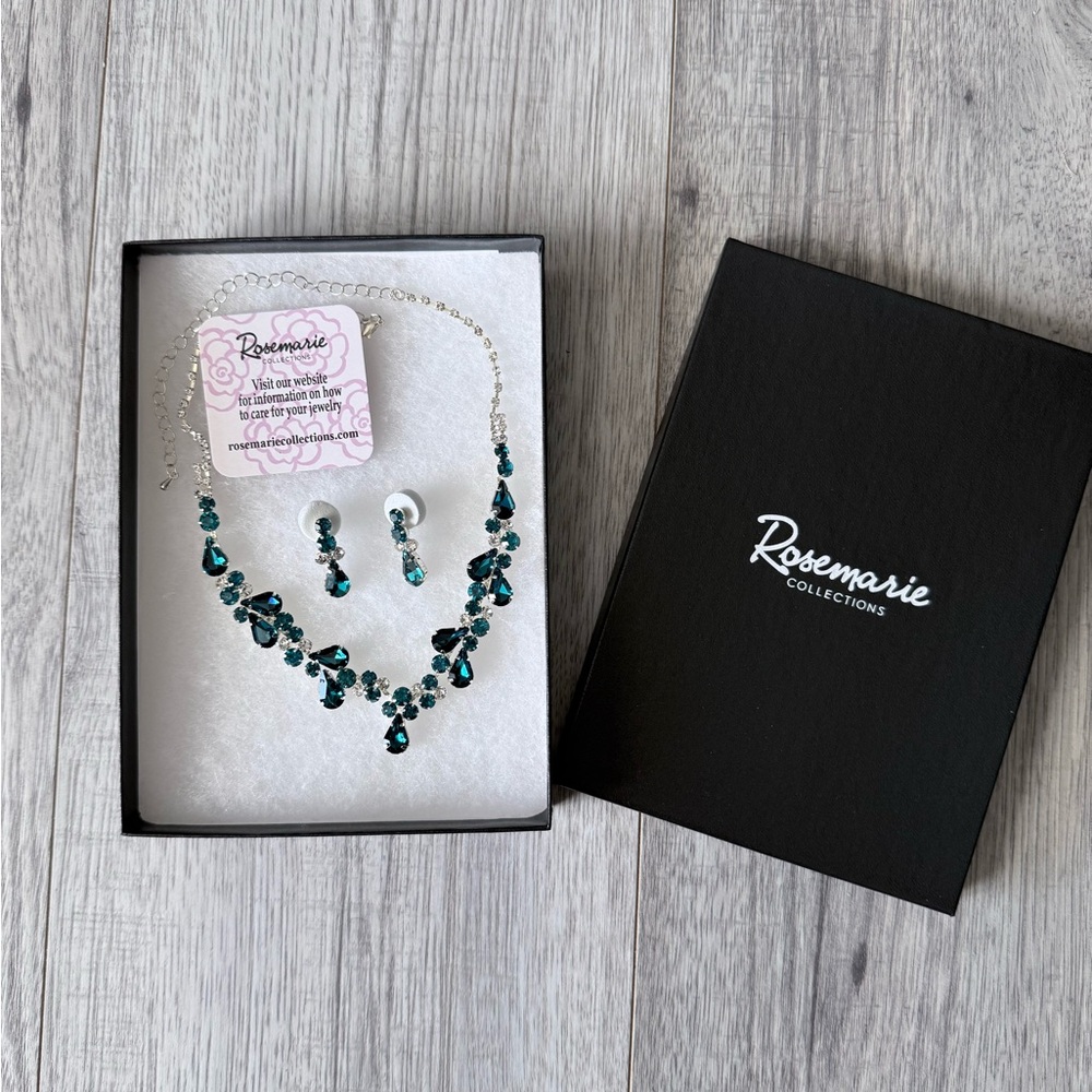 Teal Rhinestone Necklace and Earring Set for Special Event